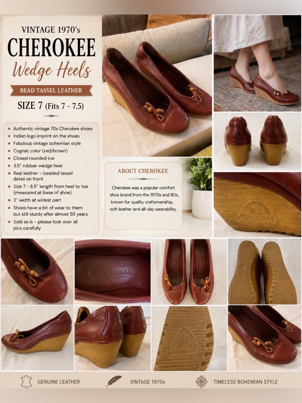 *Cherokee - vintage 1970’s - Reddish Brown - bead tassel Leather Wedge heels